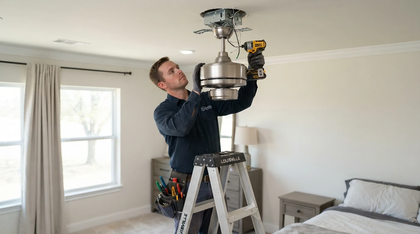 Electrician hanging a ceiling fan on a braced box in an Oklahoma City bedroom