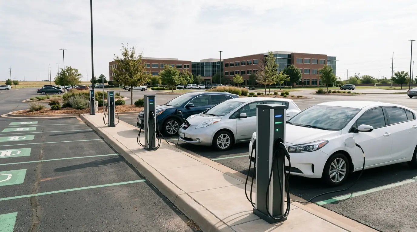Dual-port Level 2 EV charging pedestals in a business parking lot in Oklahoma City