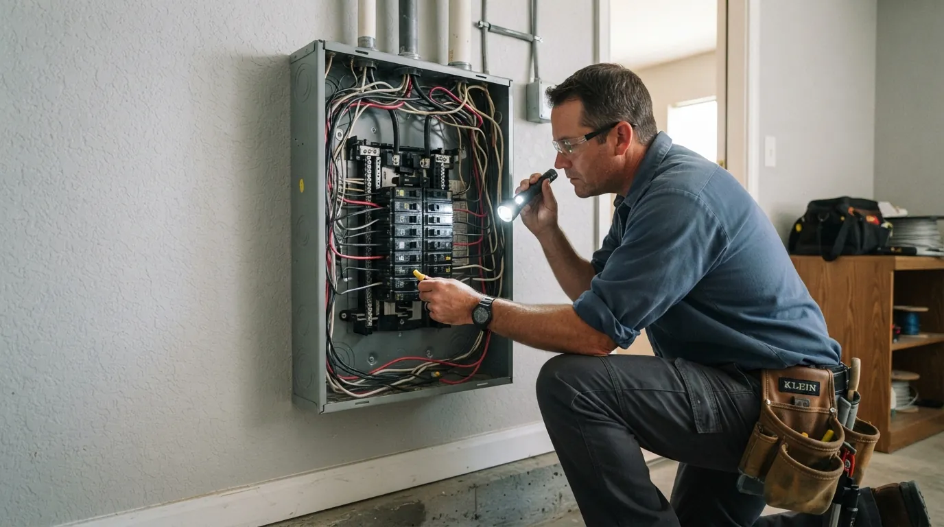 Electrician inspecting a panel with the cover off in an Oklahoma City home