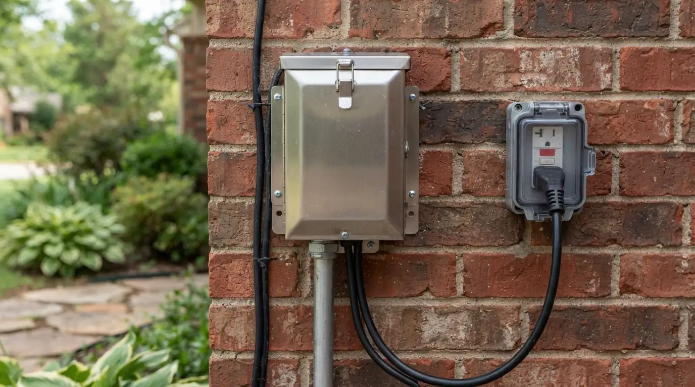 Low-voltage landscape transformer mounted beside a GFCI outlet on an Oklahoma City home