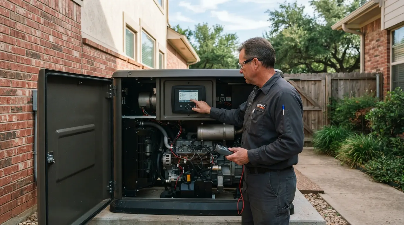 Technician checking the controller screen on a Generac standby generator in Oklahoma City