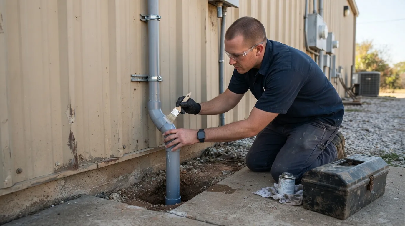 Electrician gluing PVC conduit sweeps at the base of a shop wall on an Oklahoma City lot