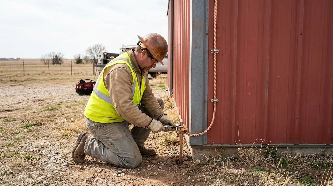 Copper down conductor connected to a ground rod at the corner of a metal barn in Oklahoma
