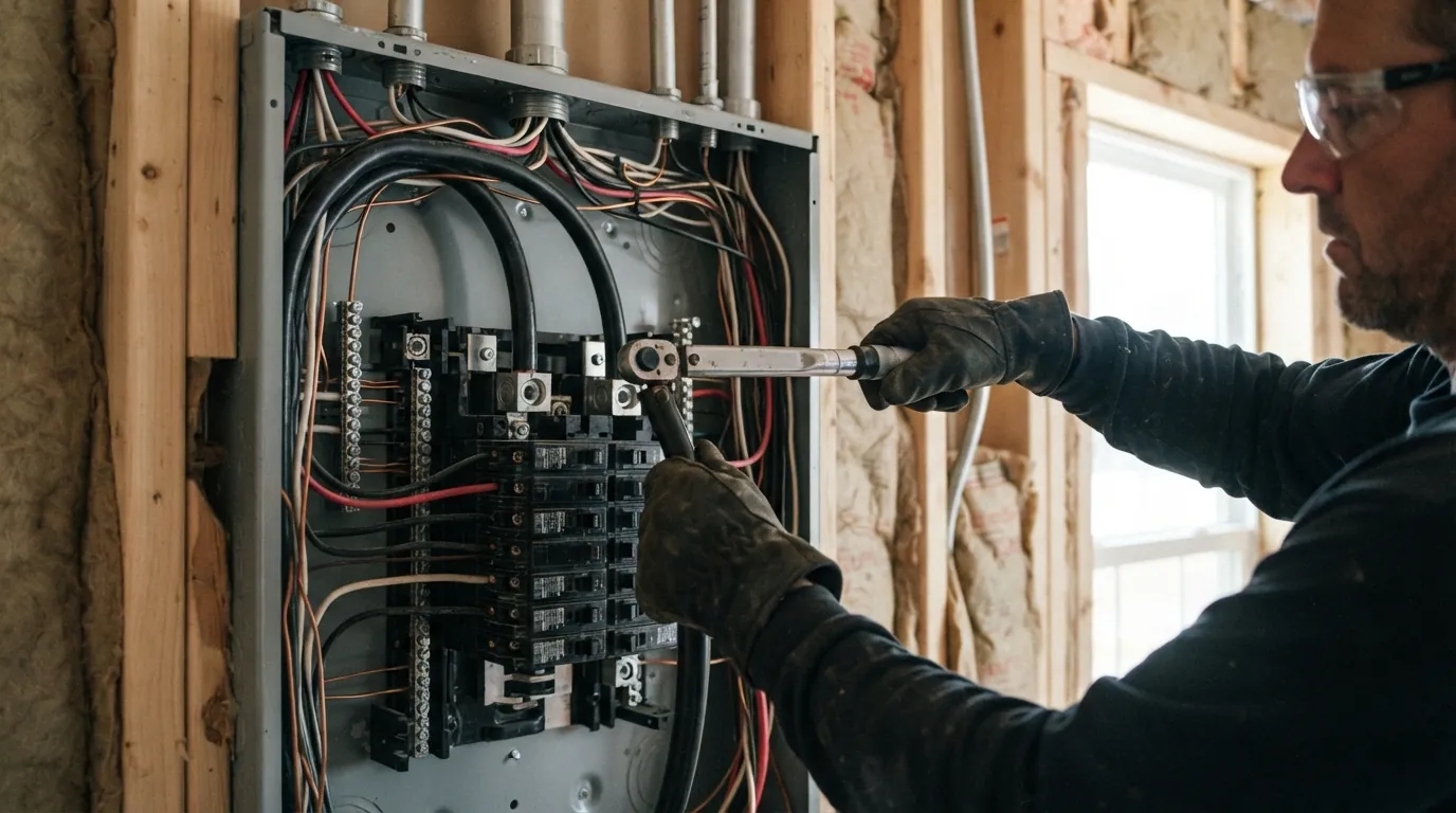 Electrician tightening service conductors in a new main panel in Oklahoma City