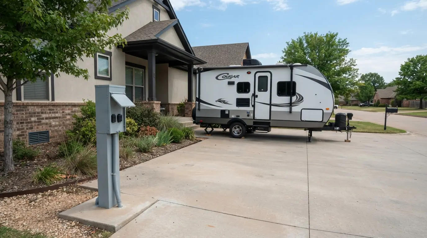 RV power pedestal beside a driveway at an Oklahoma City home