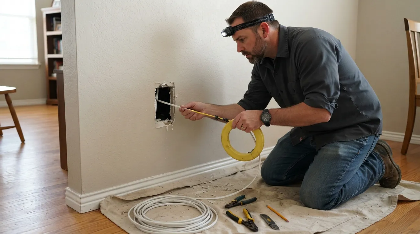 Electrician fishing new cable down an interior wall in an Oklahoma City home