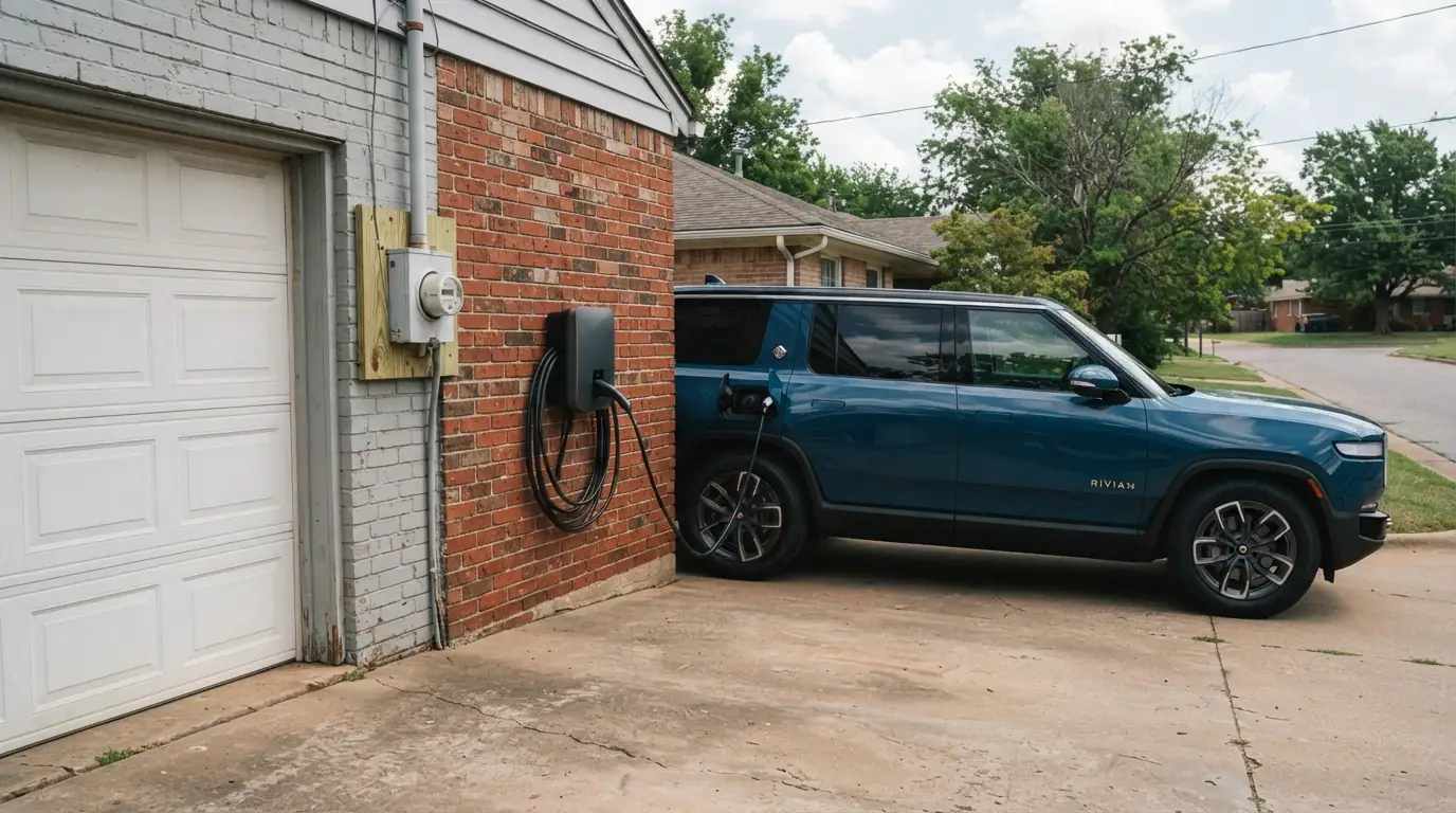 Home charging and backup power equipment on a garage wall in Oklahoma City