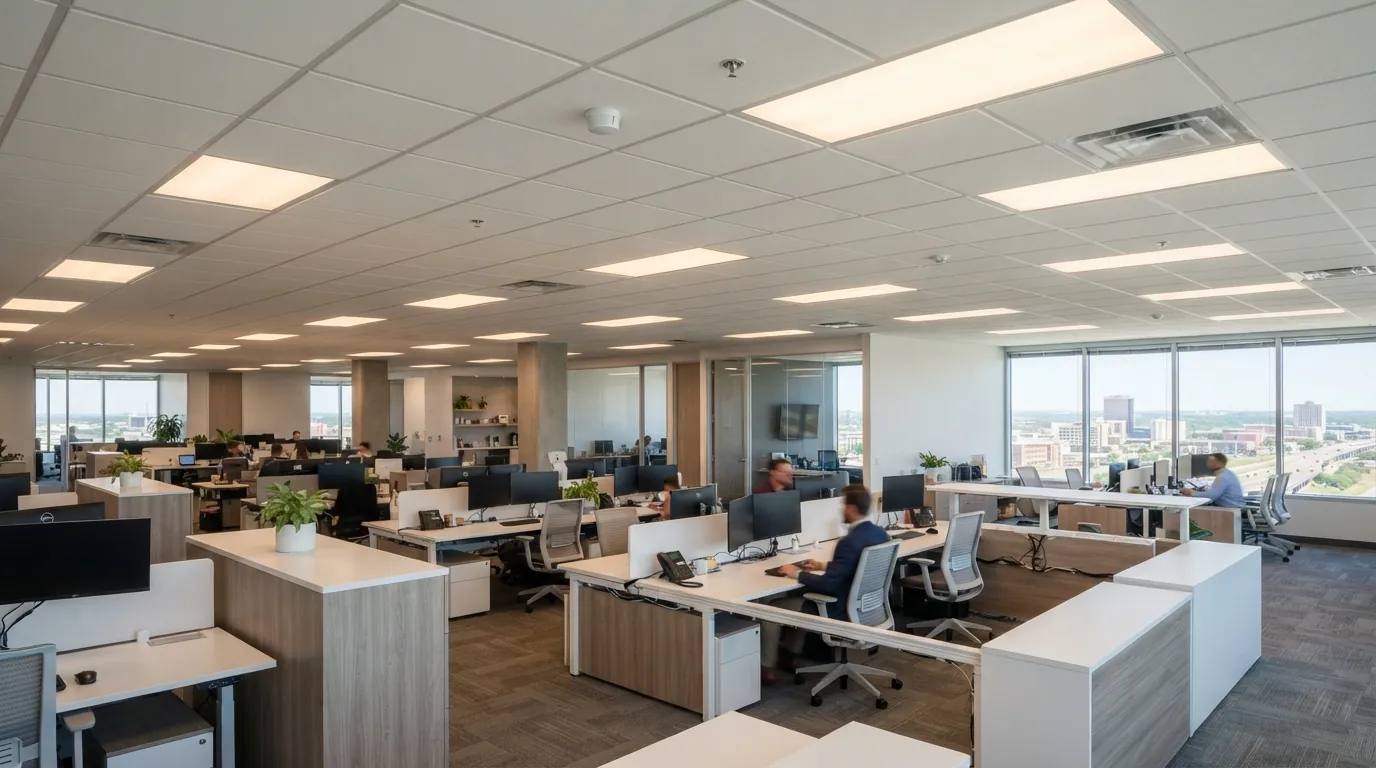 Office ceiling with new LED fixtures and occupancy sensors in Oklahoma City