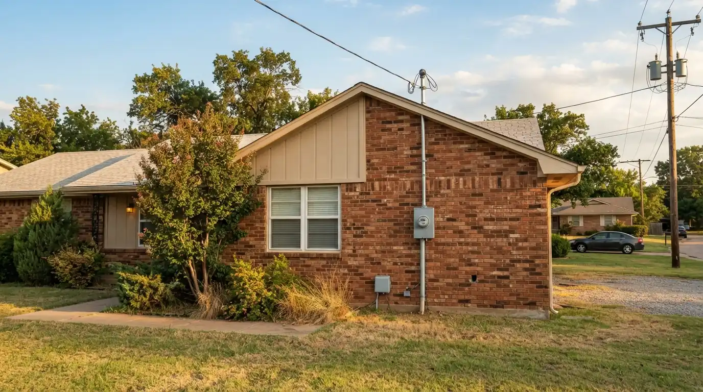 Brick ranch house with an overhead service mast in Oklahoma City