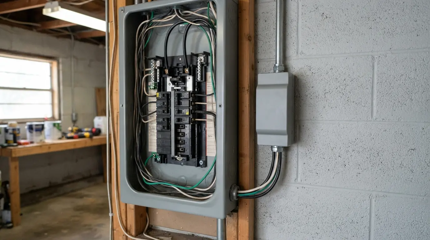 Type 2 surge protective device mounted beside a 200-amp panel in an Oklahoma City garage