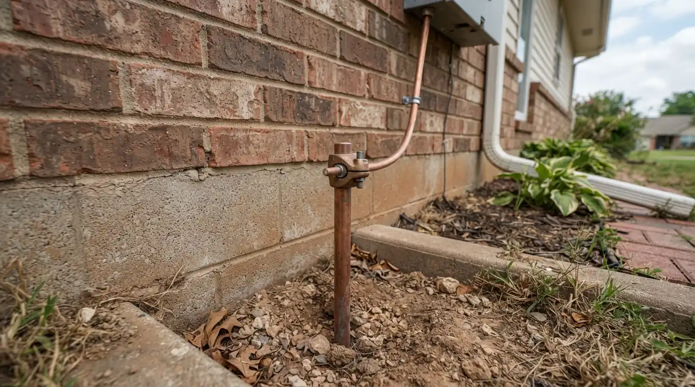 Ground rod and clamp being installed beside an Oklahoma City home
