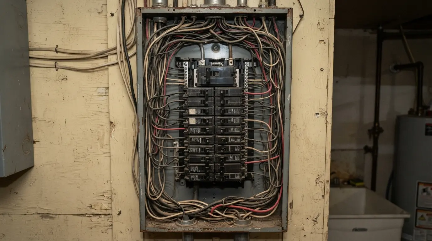 Old 100 amp panel with no open slots before an upgrade in Oklahoma City