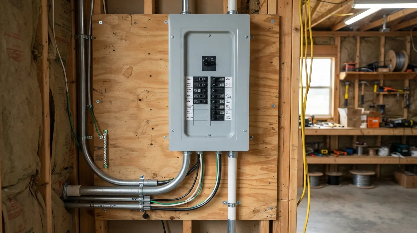 Subpanel mounted on the wall of a detached workshop in Oklahoma City