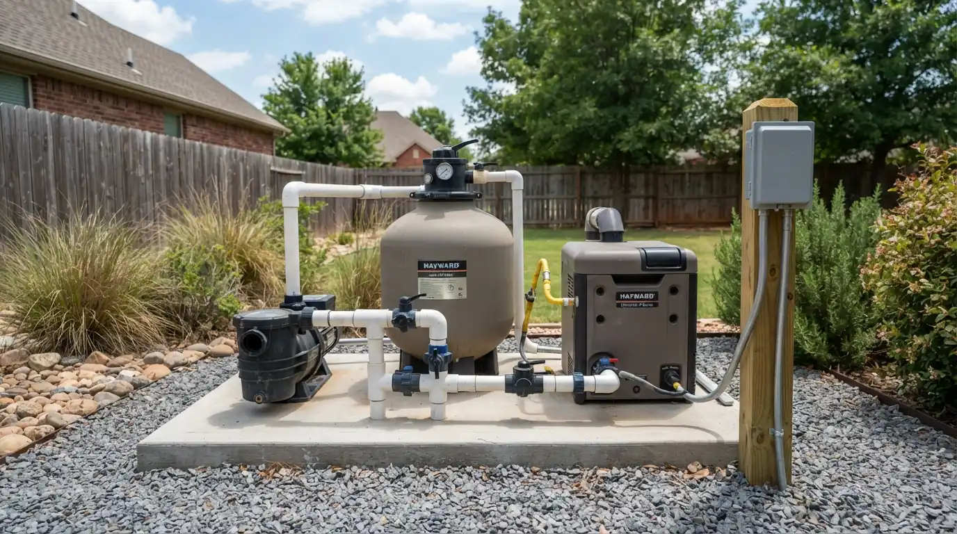 Pool equipment pad with pump, heater and electrical panel in Oklahoma City