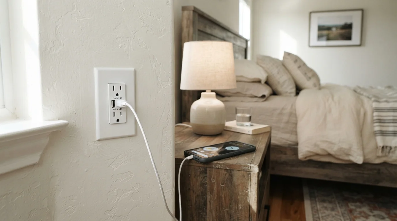 USB outlet installed at a nightstand in an Oklahoma City bedroom