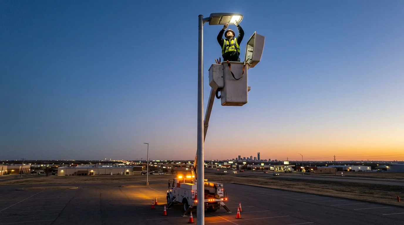 Electrician on a lift repairing an LED parking lot light fixture at dusk in Oklahoma City