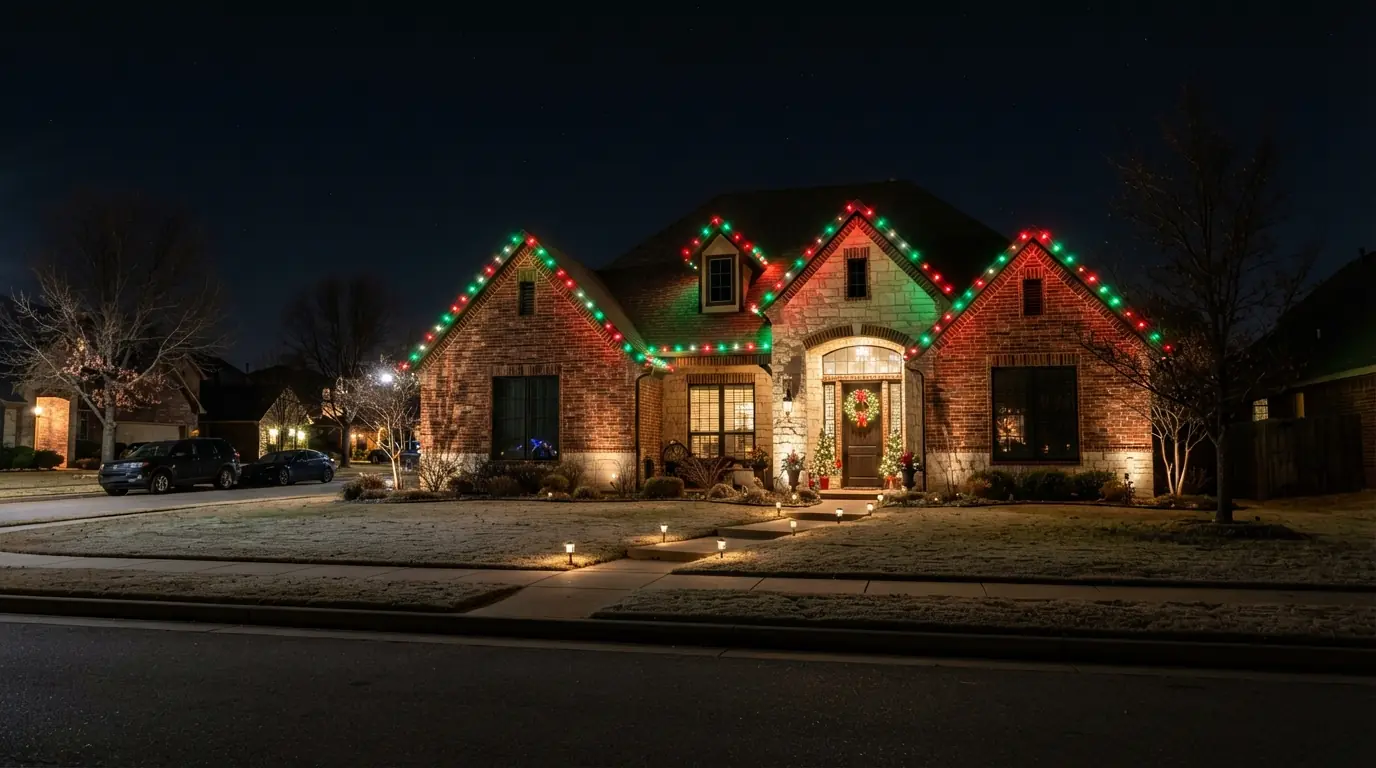 Permanent eave lighting showing holiday colors on an Oklahoma City house at night