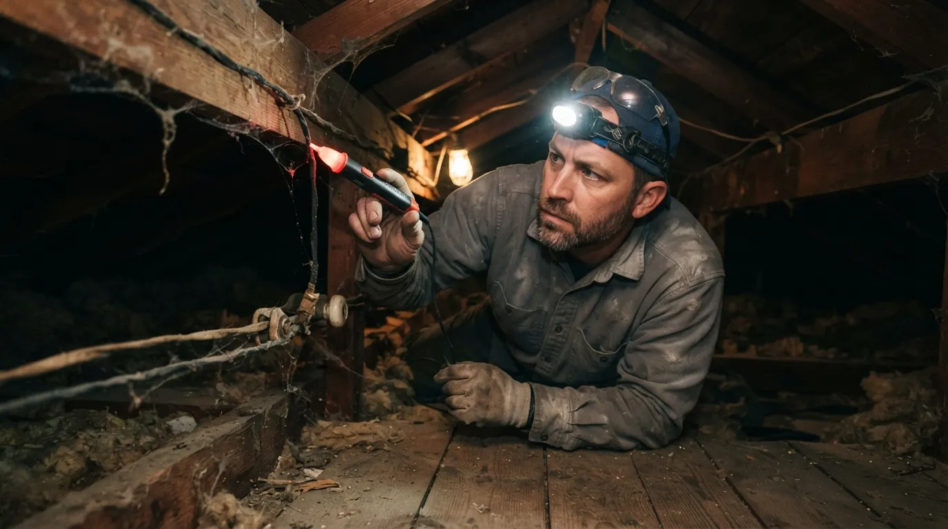 Electrician tracing live knob and tube runs in an Oklahoma City attic