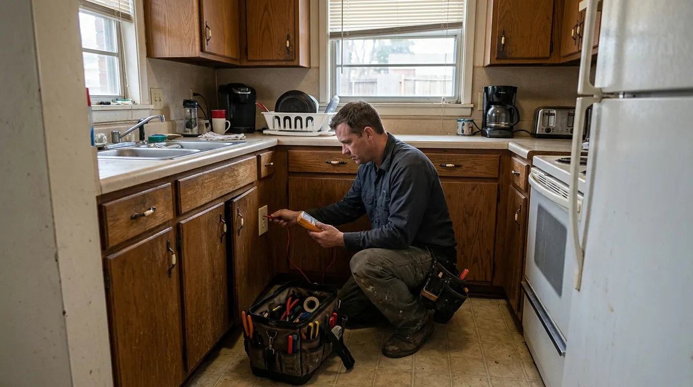 Electrician testing outlets in a Norman rental kitchen