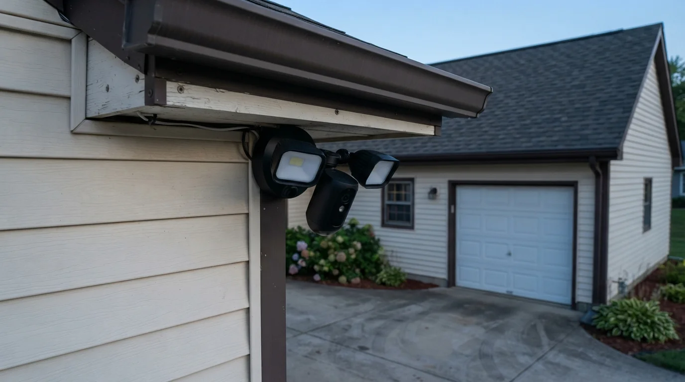 Camera floodlight mounted under the eave of an Oklahoma City garage