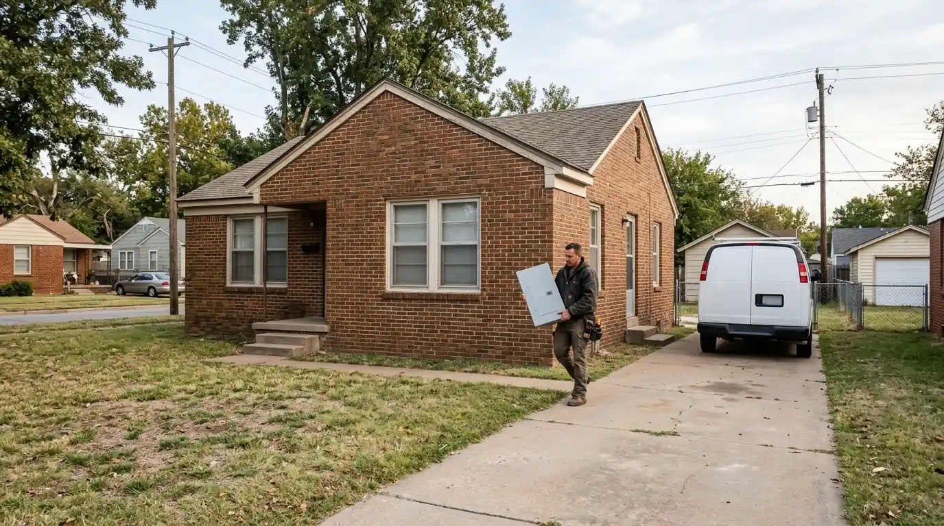 Electrician carrying a new panel into a 1940s home in Midwest City