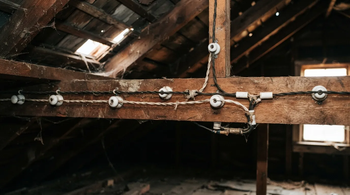 Knob and tube wiring on porcelain knobs across attic joists in Oklahoma City