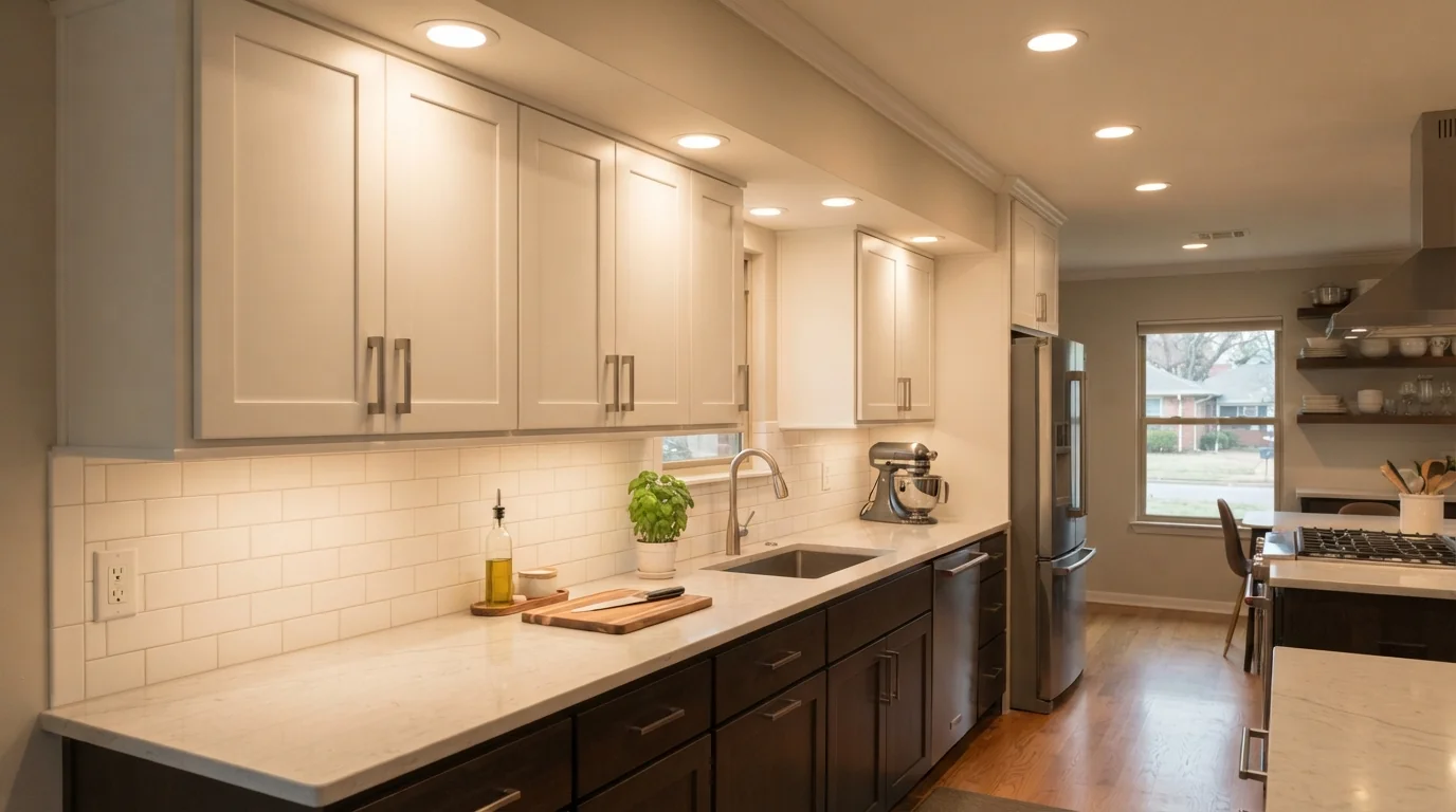 Kitchen with recessed lights placed over the counters in Oklahoma City
