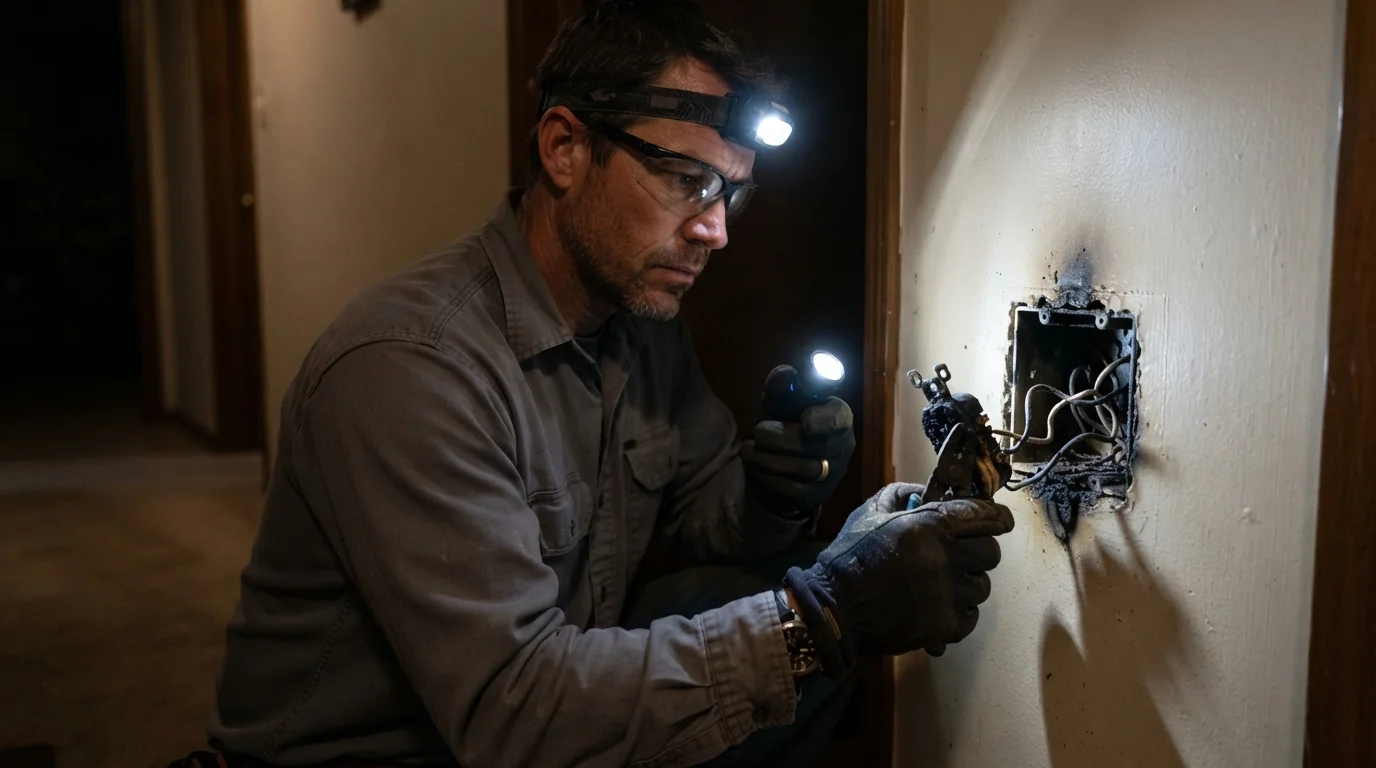 Electrician checking a scorched outlet during an emergency call in Oklahoma City
