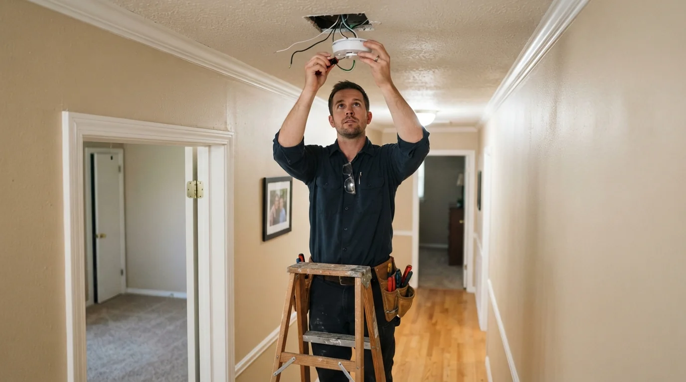 Hardwired smoke alarm being installed on a hallway ceiling in Oklahoma City