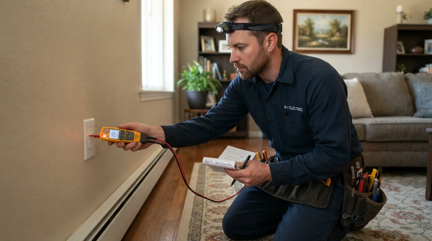 Electrician tracing a circuit with a voltage tester in an Oklahoma City home