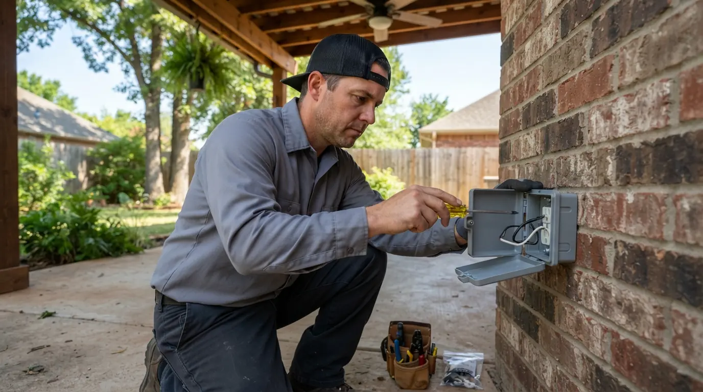Electrician mounting a weatherproof in-use outlet cover on a covered patio wall in Oklahoma City