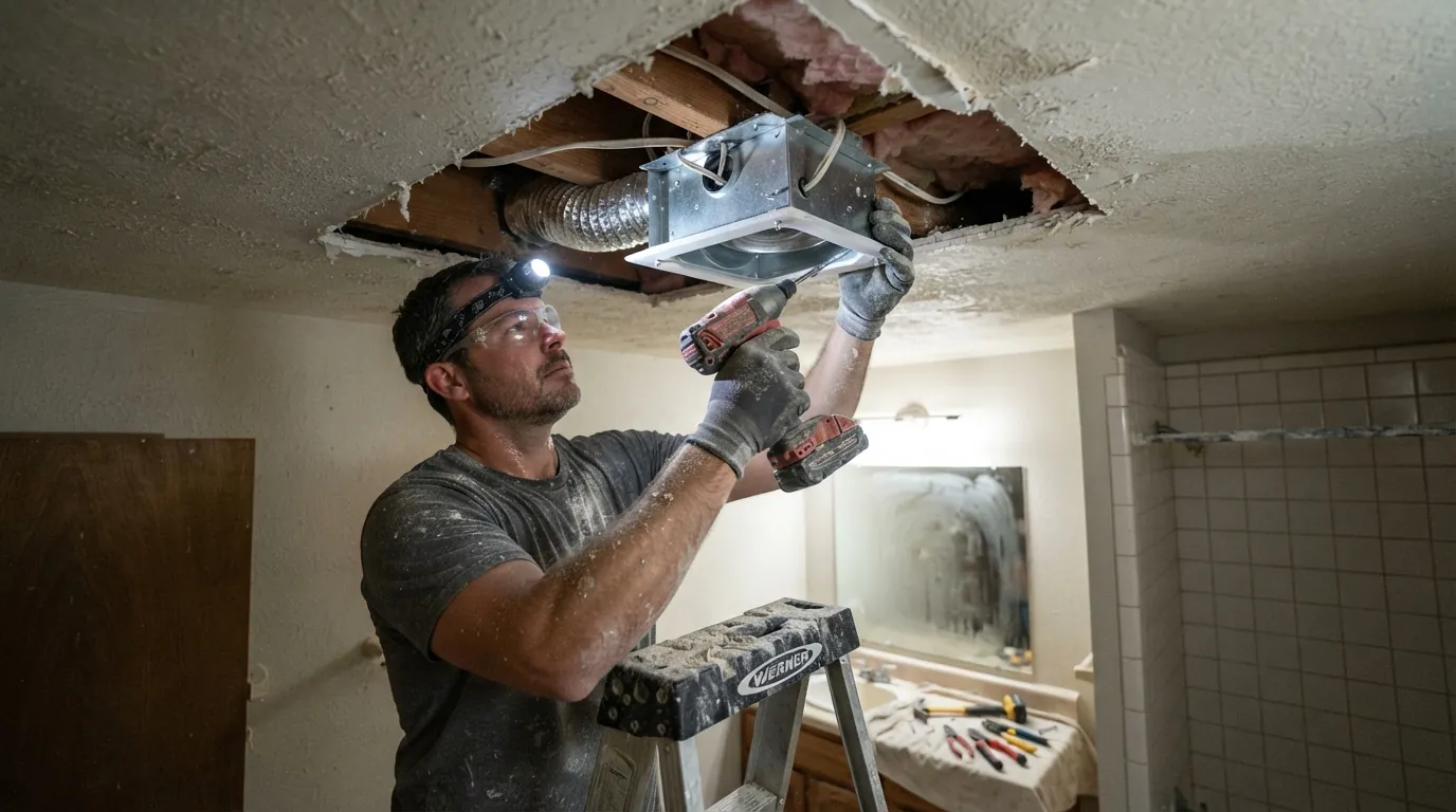 New bathroom exhaust fan housing being fitted between ceiling joists in an Oklahoma City home