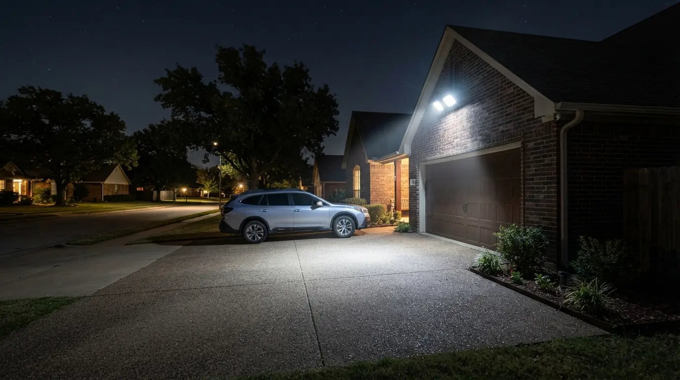 Motion floodlight lighting a driveway at night in Oklahoma City