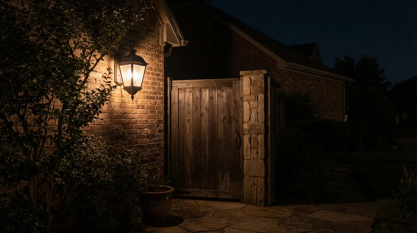 Dusk-to-dawn wall fixture at a side gate of an Oklahoma City home
