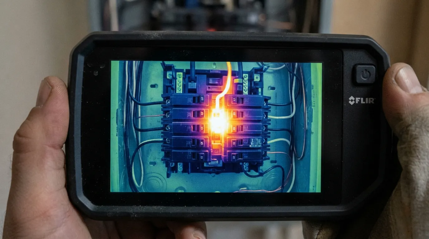 Thermal camera image of a warm breaker during troubleshooting in Oklahoma City