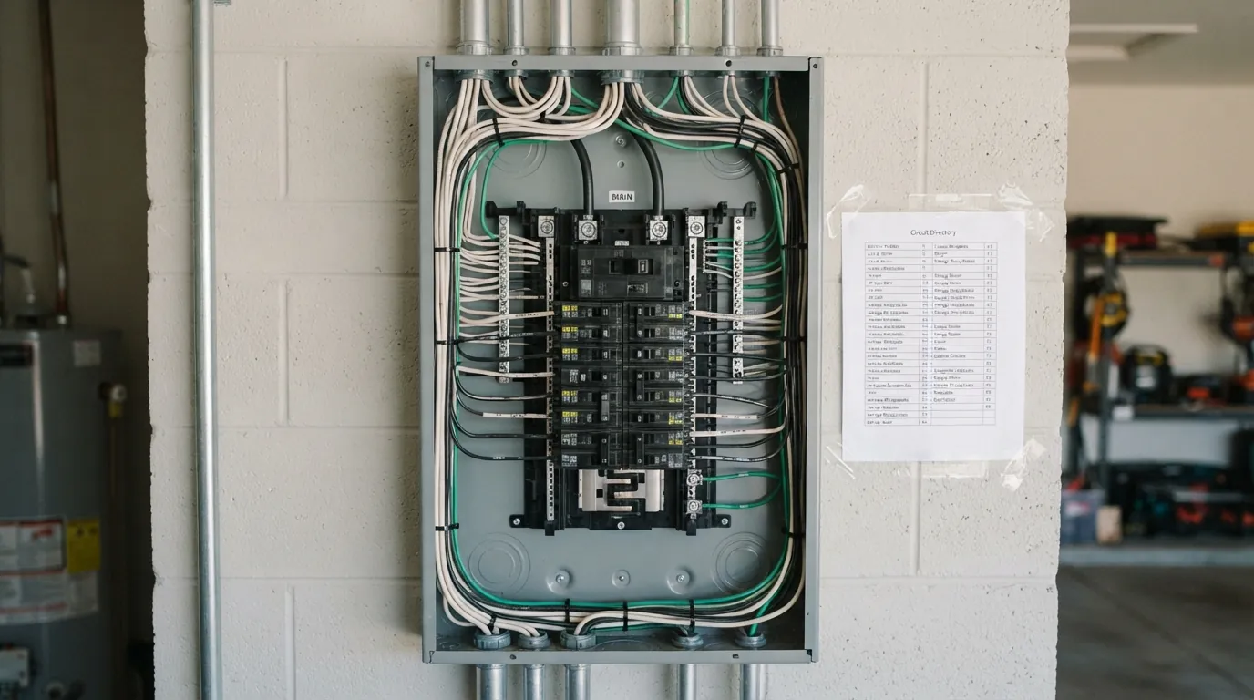 New 200 amp panel with labeled breakers installed in an Oklahoma City garage