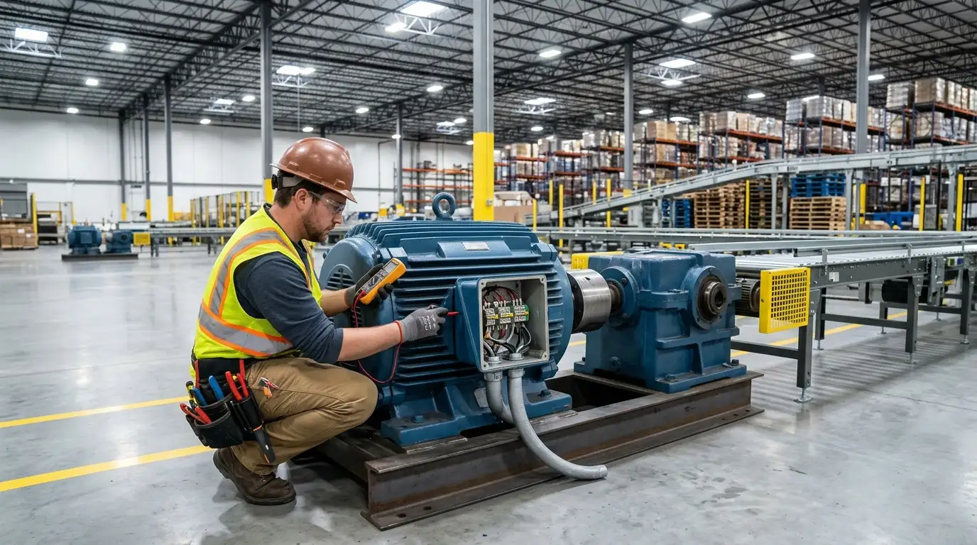 Electrician checking the connection box of a three-phase conveyor motor in Oklahoma City