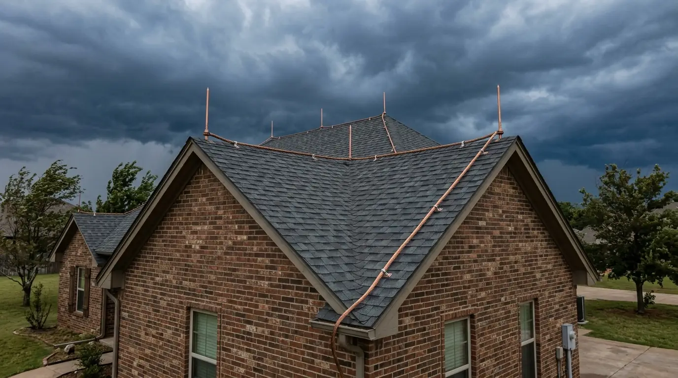 Lightning protection air terminals and copper conductor along a home roof ridge in Oklahoma