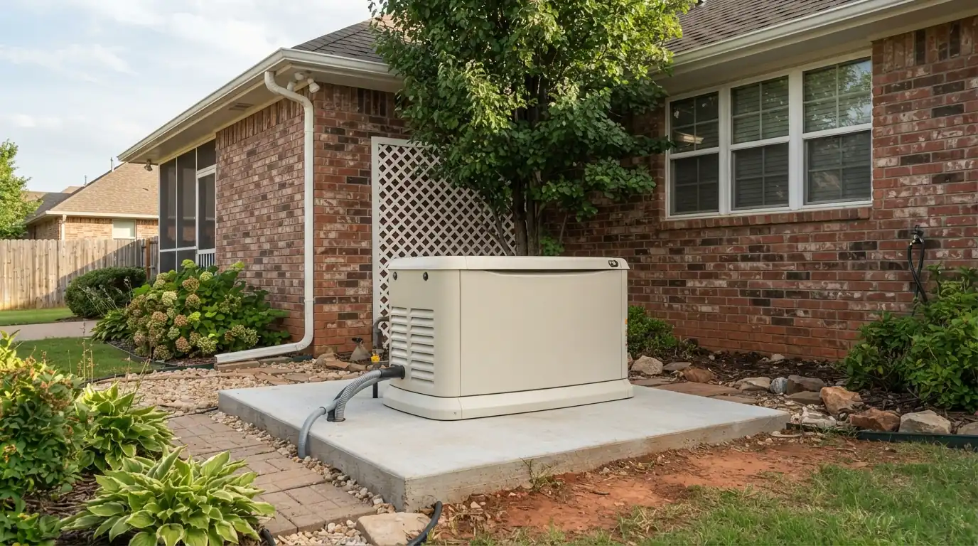 Air-cooled Generac standby generator on a concrete pad beside a brick home in Oklahoma City