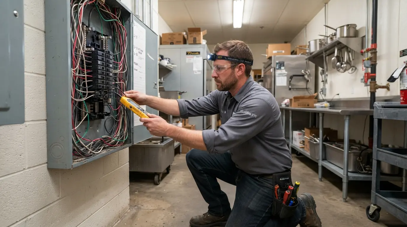 Electrician servicing a restaurant kitchen panel in Oklahoma City