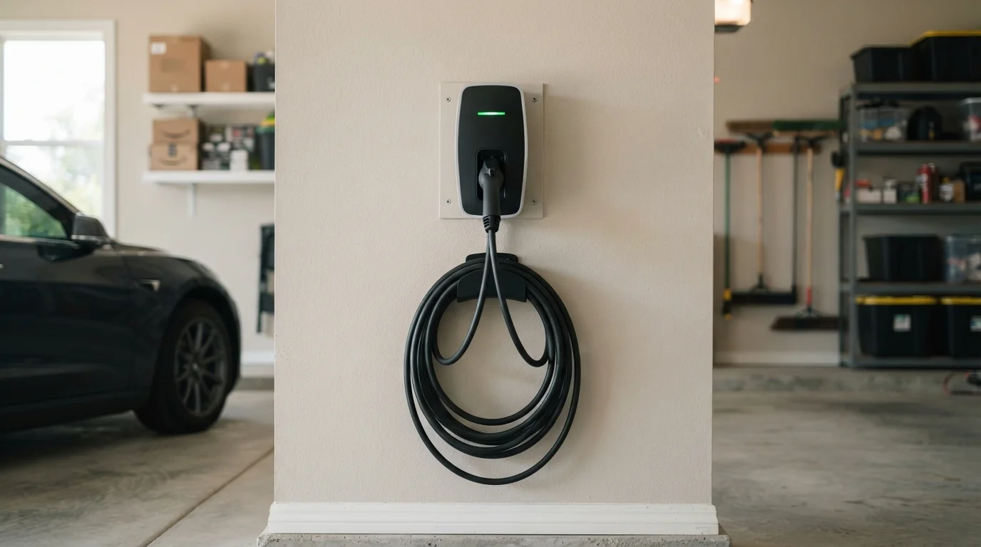 Level 2 EV charger mounted on a garage wall in Oklahoma City