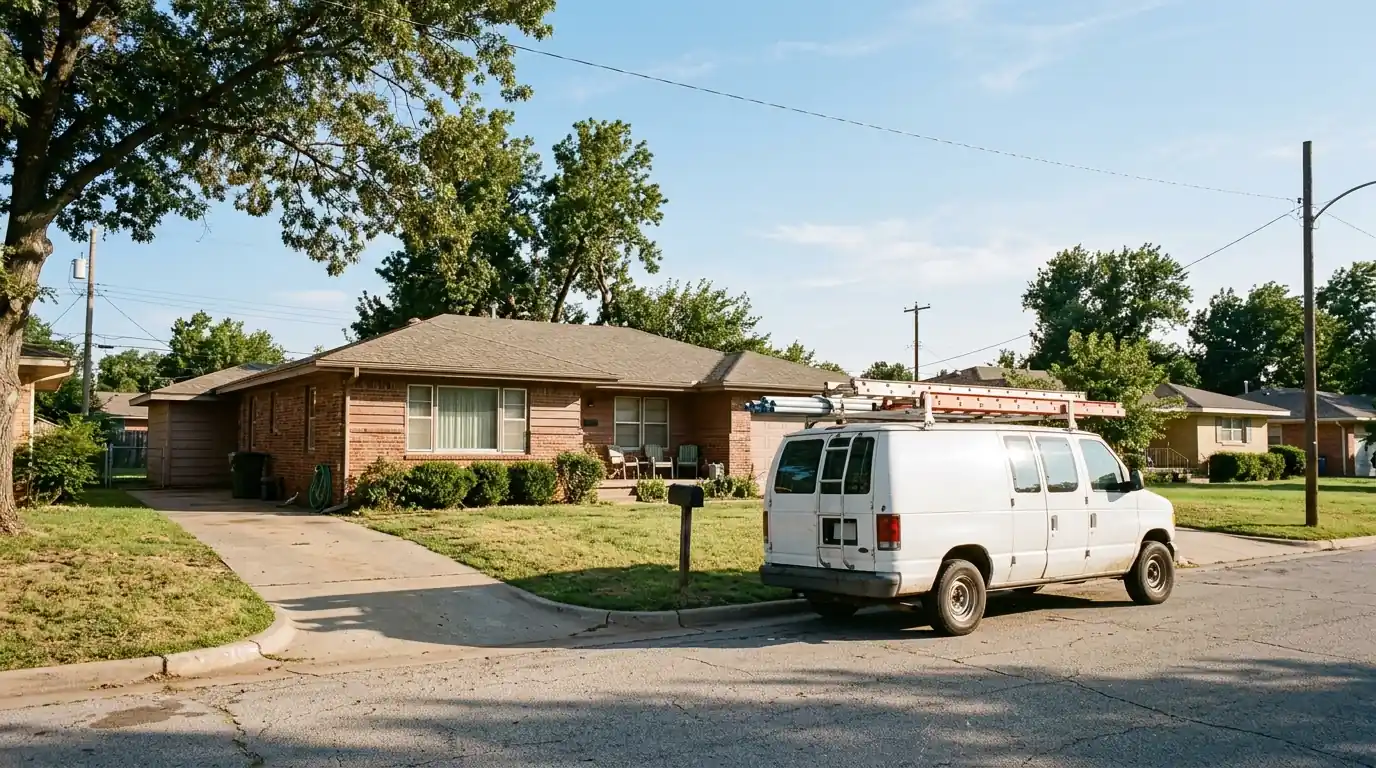 Electrician van outside a 1950s ranch home in Bethany