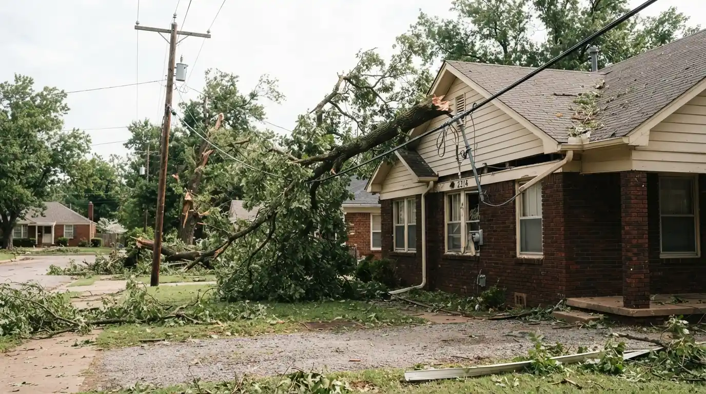 Service drop pulled from a house by a fallen limb after a storm in Oklahoma City