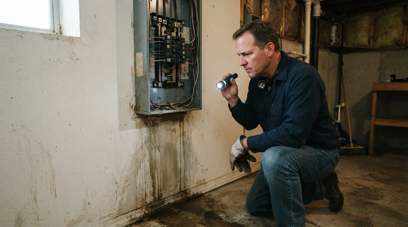Electrician assessing a panel after water intrusion in Oklahoma City