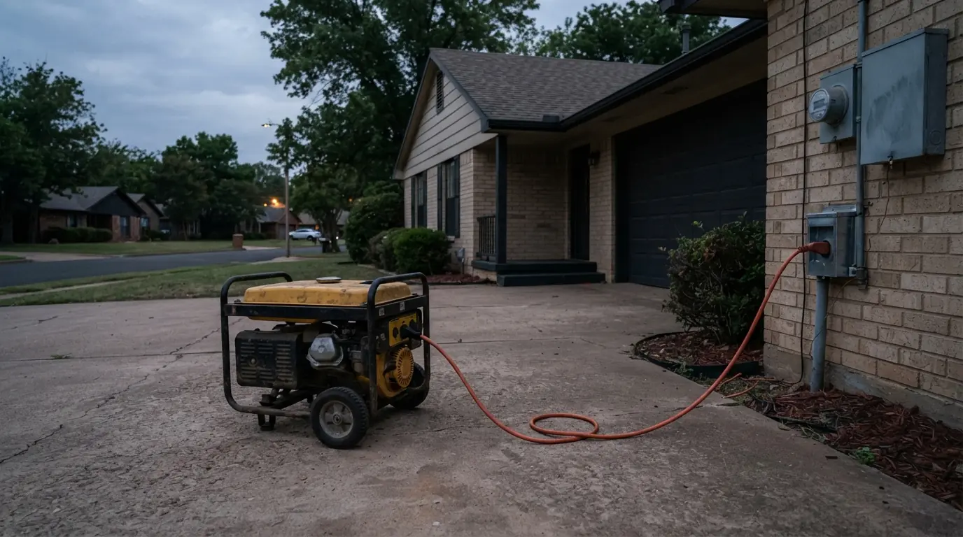 Portable generator connected to an inlet box during an outage in Oklahoma City