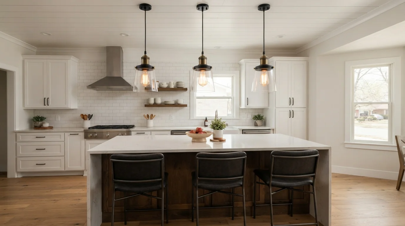Pendant lights over a kitchen island in an Oklahoma City home