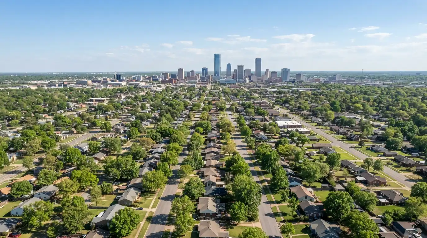 Aerial view of Oklahoma City neighborhoods and the downtown skyline