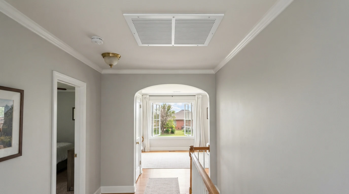 Whole-house fan grille in a hallway ceiling in an Oklahoma City home