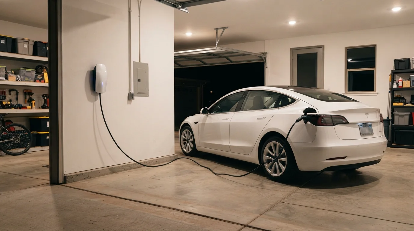 Tesla Wall Connector charging a car in an Oklahoma City garage
