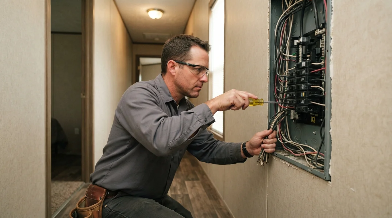 Electrician working in the panel of a manufactured home in Oklahoma City